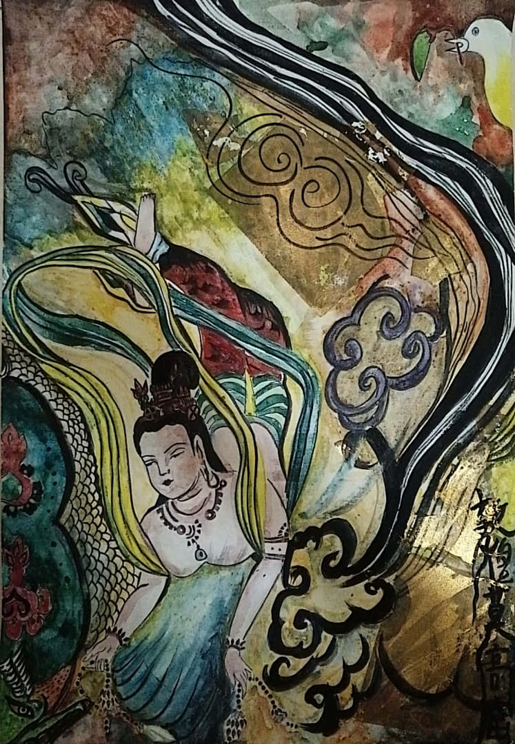 [The Flying Apsara] Chinese Mineral Art on Canvas Panel