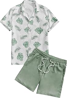 Men's Tropical Leaf Print Shirt and Shorts Set