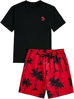 Men's Black T-shirt and Red Palm Print Shorts Set
