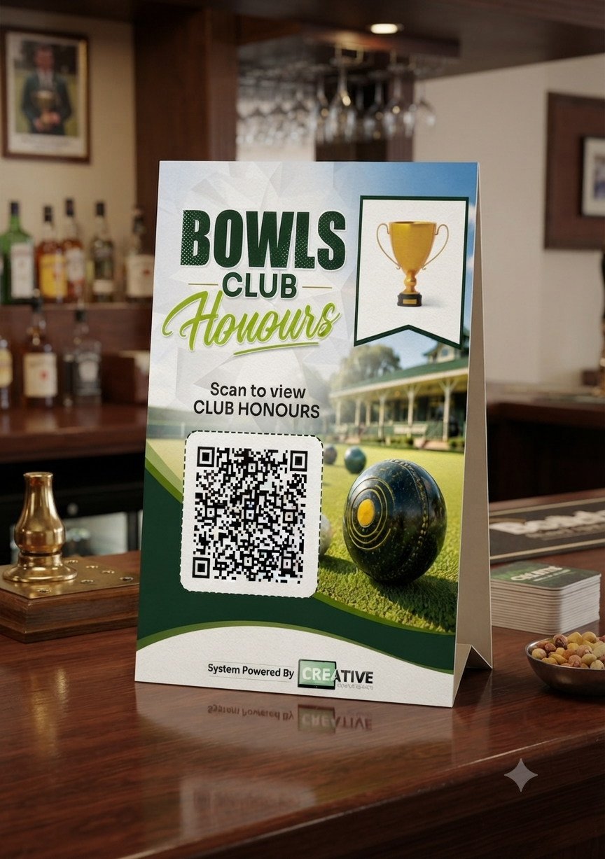 Bowls Club Digital Honours Board System + 5 pack of Table Top QR Signs