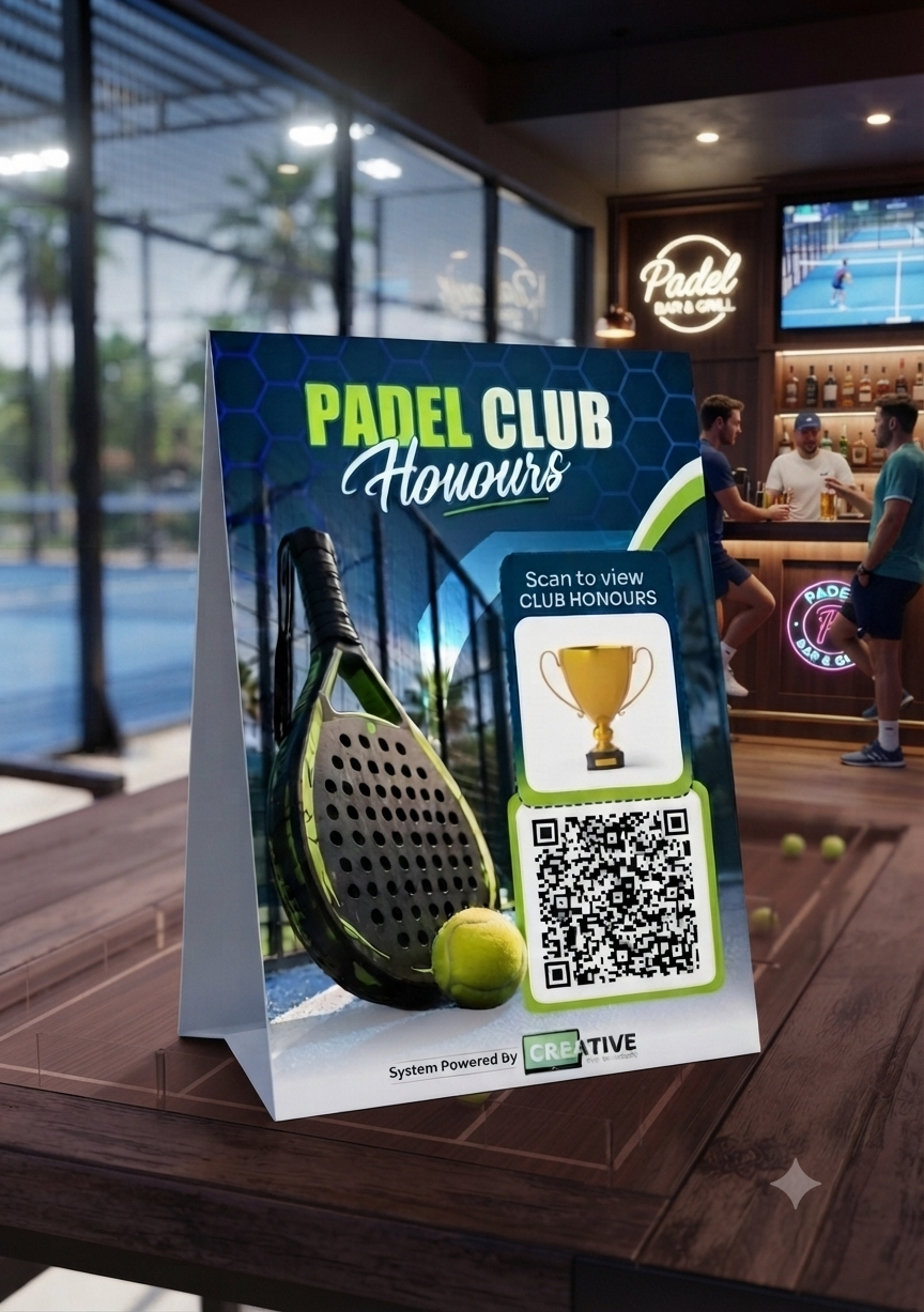 Padel Club Digital Honours Board System + 5 pack of Table Top QR Signs