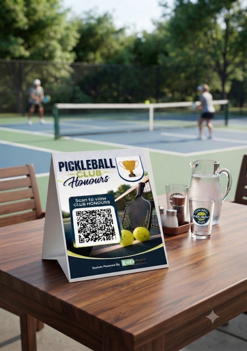 Pickleball Club Digital Honours Board System + 5 pack of Table Top QR Signs