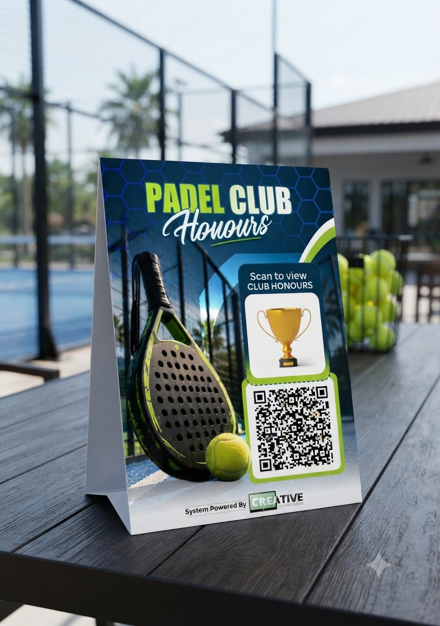 Padel Club Digital Honours Board System + 5 pack of Table Top QR Signs