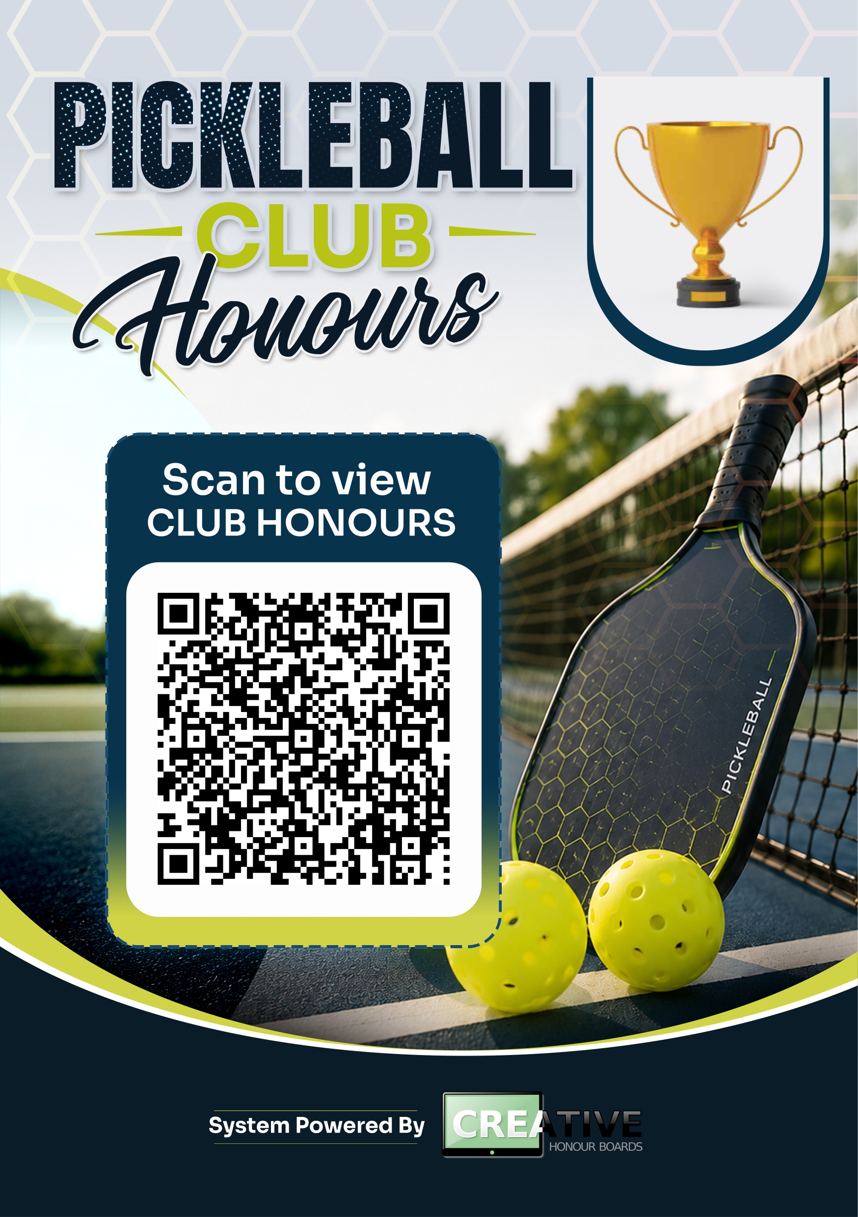 Pickleball Club Digital Honours Board System + 5 pack of Table Top QR Signs