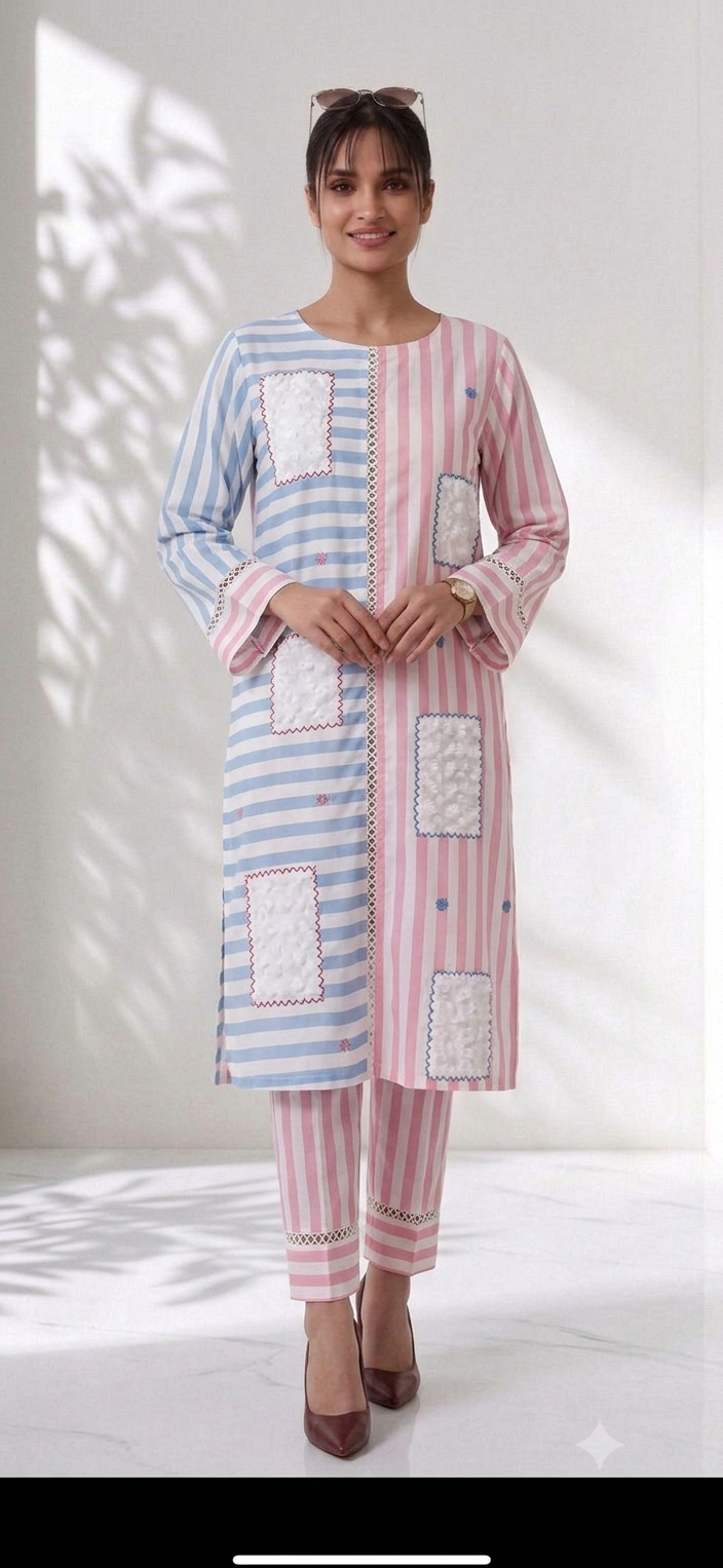 Pastel Striped Pink Blue  Embroided Co-ord Set