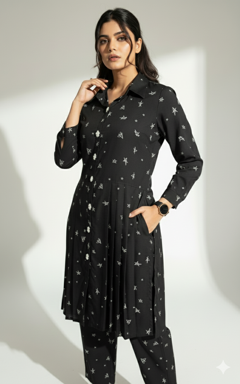 Black Printed Button-Down Shirt Dress