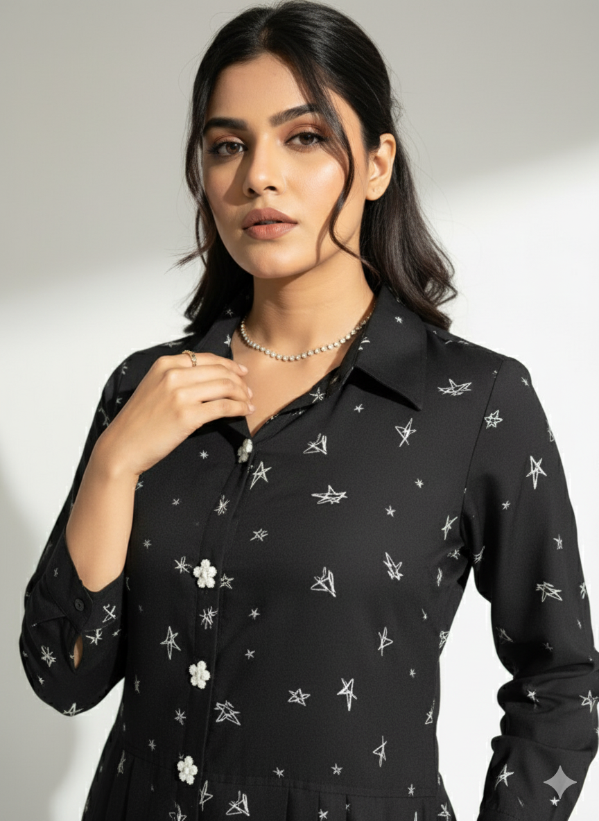 Black Printed Button-Down Shirt Dress
