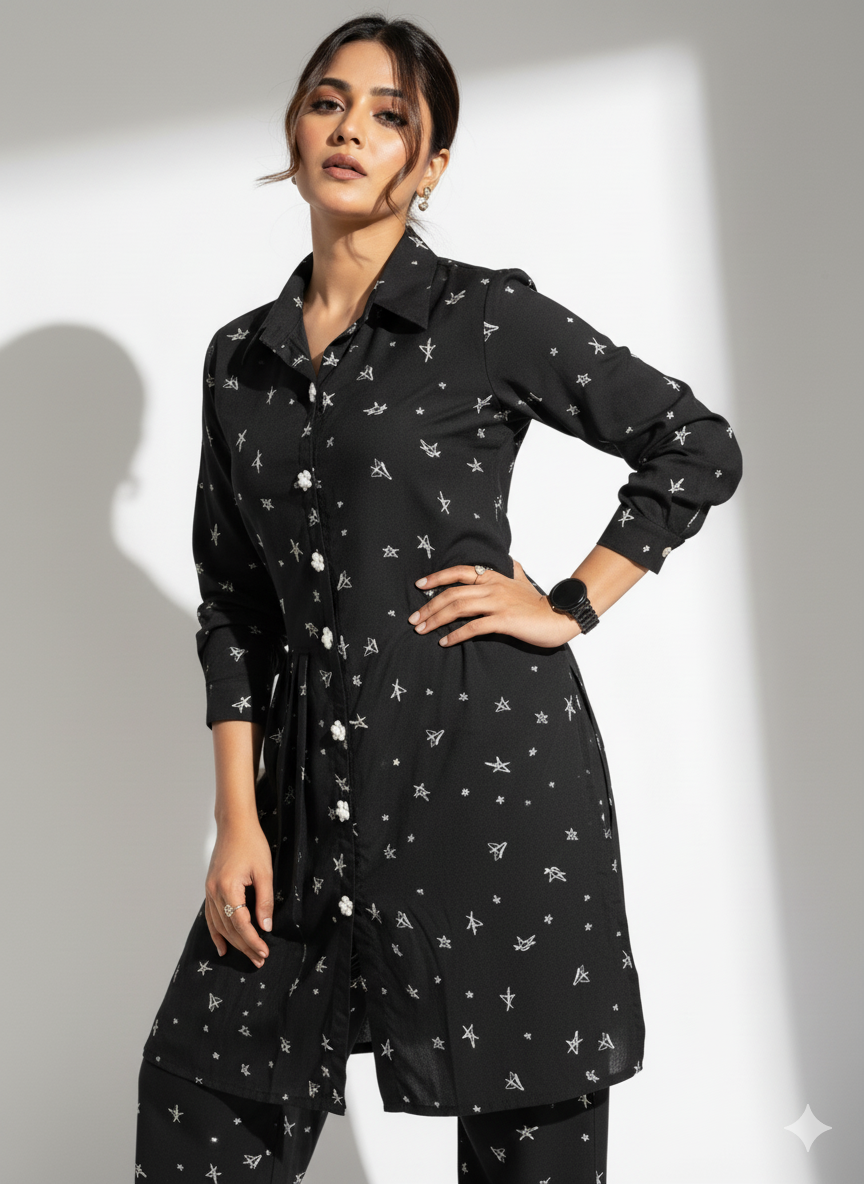 Black Printed Button-Down Shirt Dress