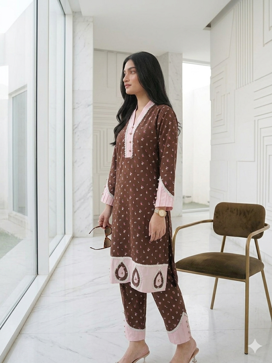 Leaf Pattern Brown & Pink Co-ord Set