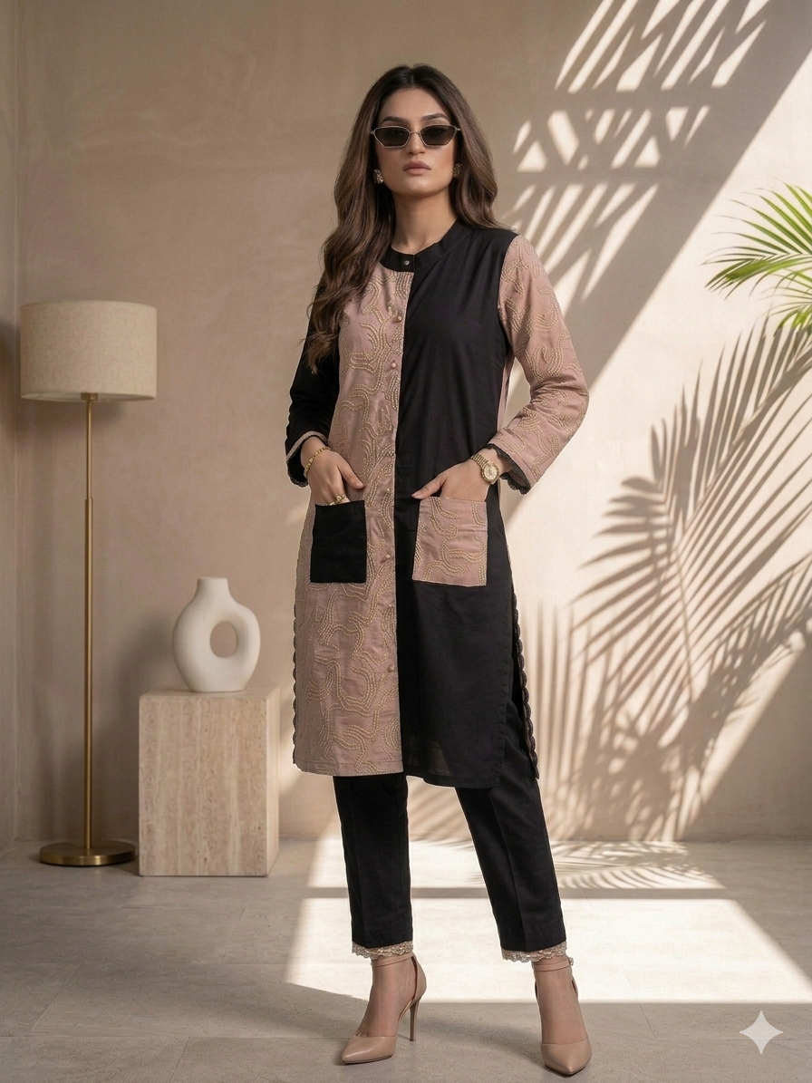 Chic Beige & Black Designer Co-ord Set
