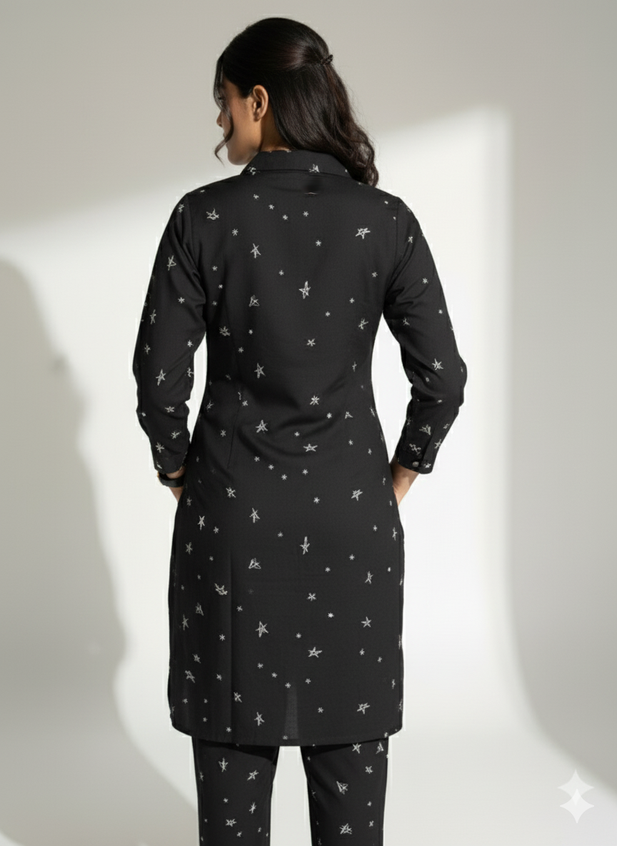 Black Printed Button-Down Shirt Dress