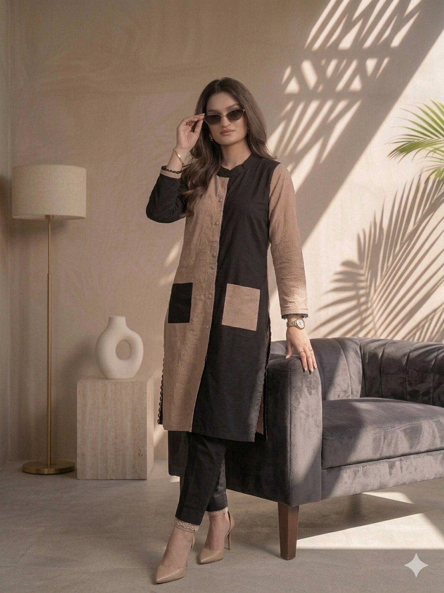 Chic Beige & Black Designer Co-ord Set