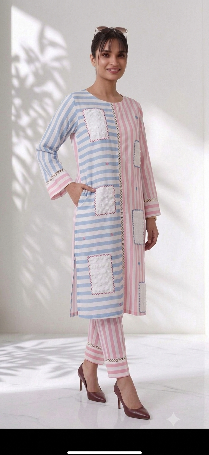 Pastel Striped Pink Blue  Embroided Co-ord Set
