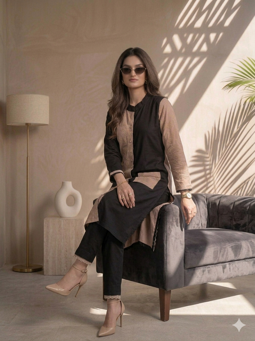 Chic Beige & Black Designer Co-ord Set
