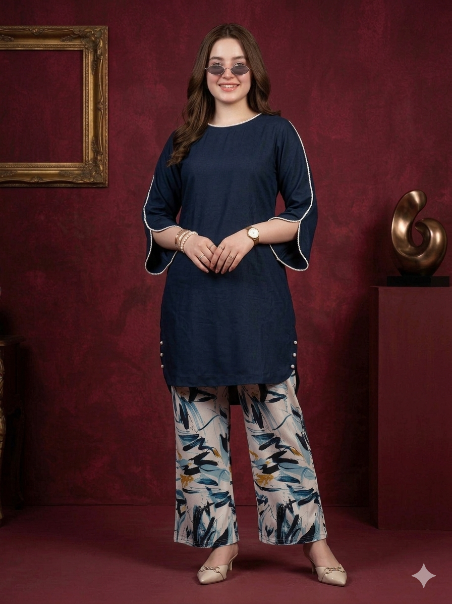 Navy Blue Kurti with Printed Palazzo Set