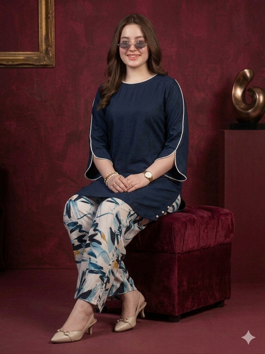 Navy Blue Kurti with Printed Palazzo Set