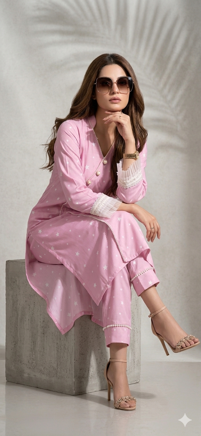 Pink Star Print Pearl Co-ord Set