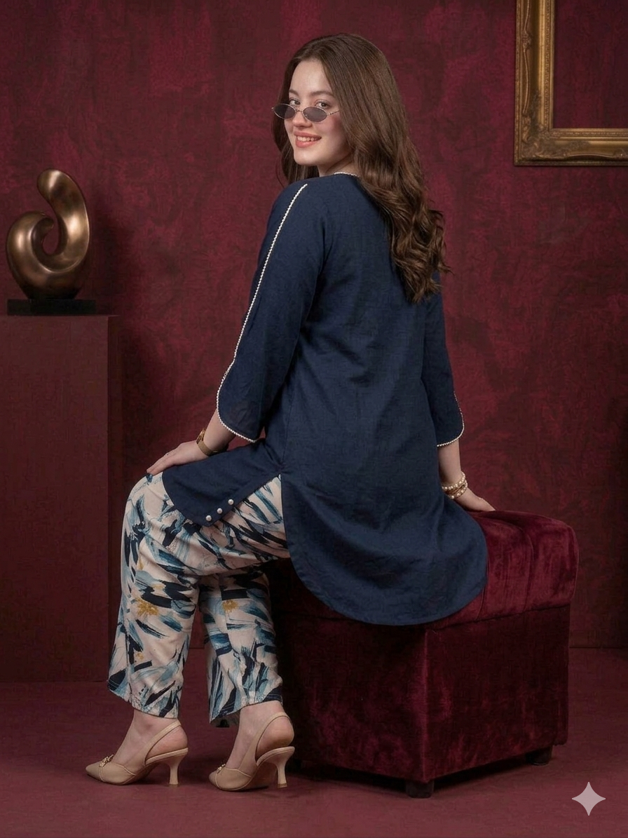 Navy Blue Kurti with Printed Palazzo Set
