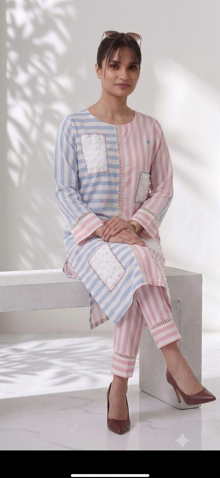 Pastel Striped Pink Blue  Embroided Co-ord Set
