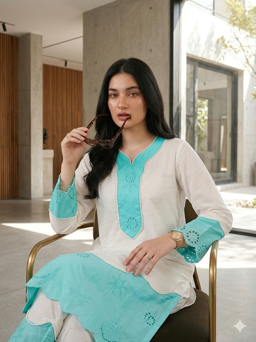 Chicken Aqua & White Cotton Co-ord Set