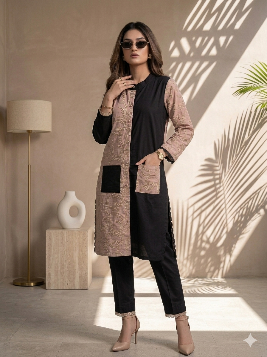 Chic Beige & Black Designer Co-ord Set