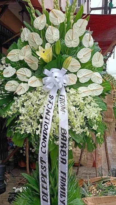 White Anthurium and Orchid Standing Floral Arrangement