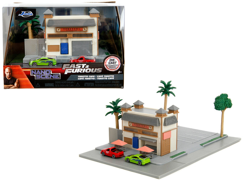 Brand new scale model of Toretto Cafe Diorama with Mitsubishi Eclipse Green and Ford F-150 SVT Lightning Red