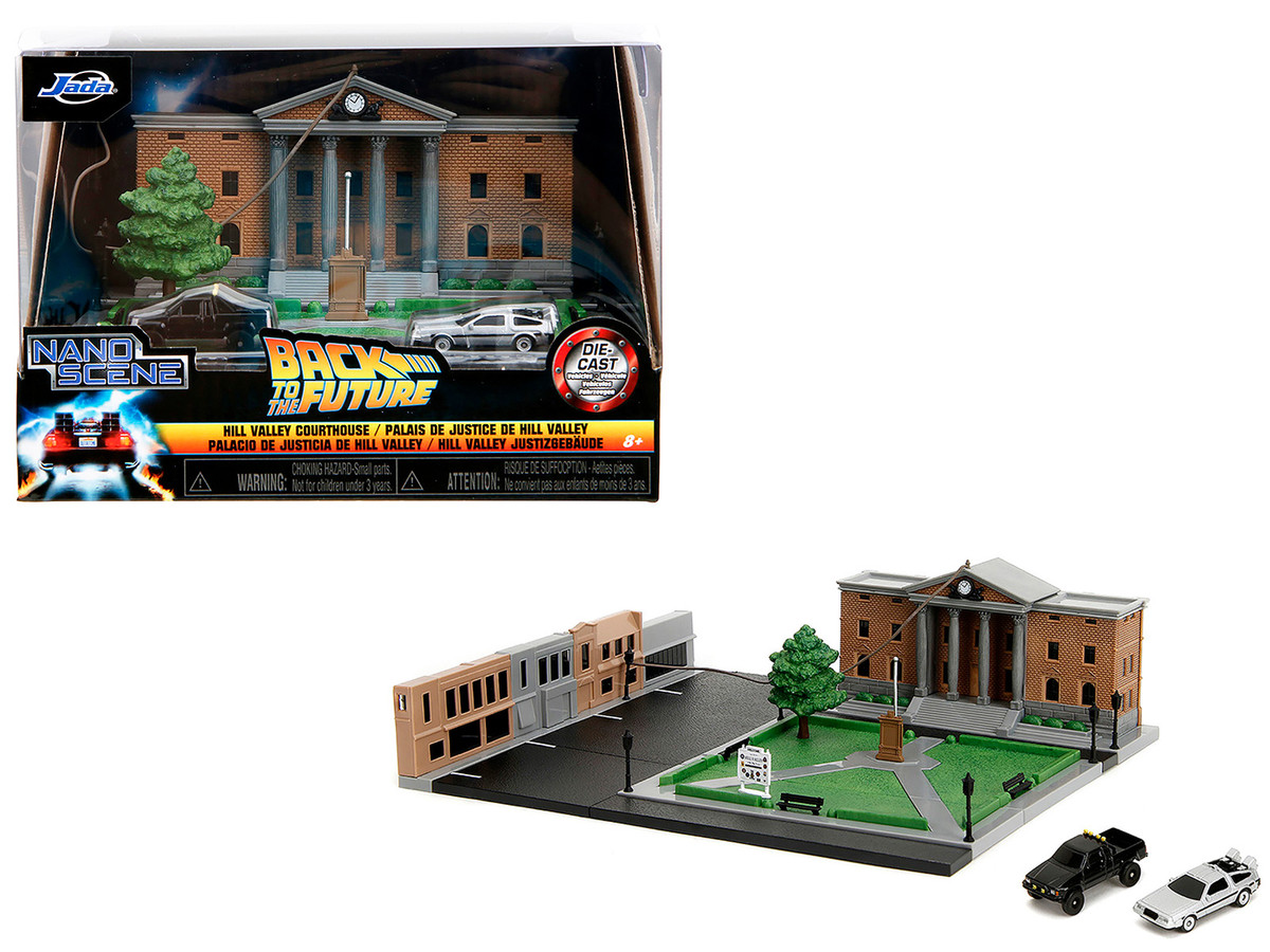 Brand new scale model of Hill Valley Courthouse Diorama with Black Pickup Truck and Delorean
