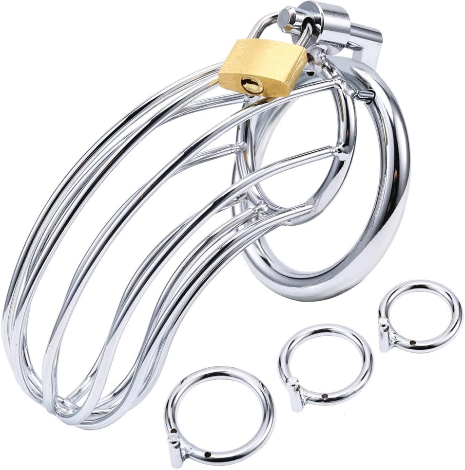 Uleade Male Chastity Device Cock Cage with 3 Sizes of Rings - Premium Metal Silver Locked Cage Lock and 3 Keys Included