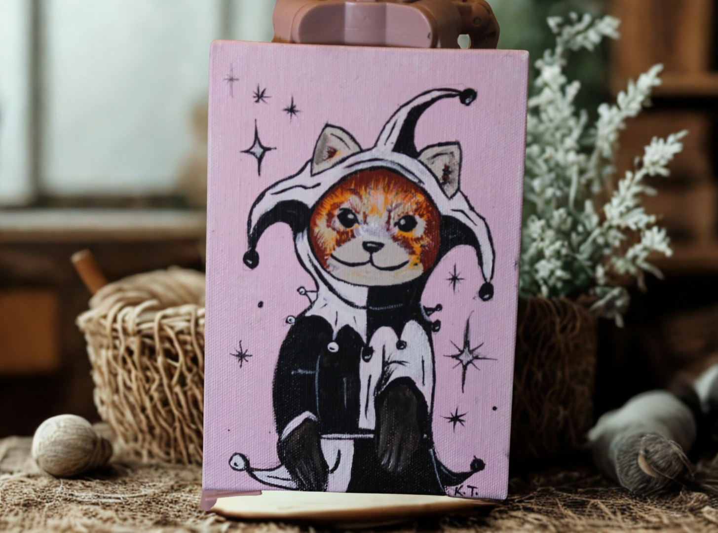 Red Racoon Harlequin Acrylic Painting