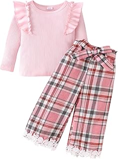 Girls' Pink Ruffle Top and Plaid Pants Set