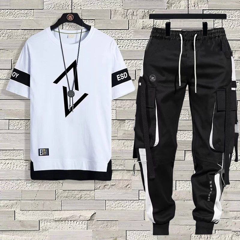 Camiseta Manga Curta Gola Redonda Roupas Masculinas Conjunto De Estampa Tamanho + Hip-Hop Calças De Carga Masculina Joggers Pretas