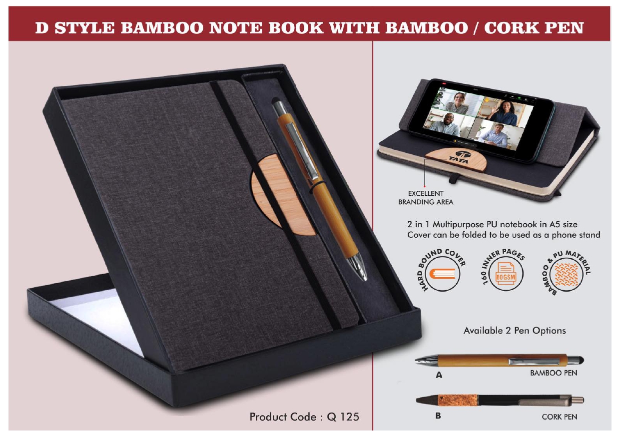 D Style Bamboo Notebook with Bamboo/Cork Pen MIN 100 PCS 