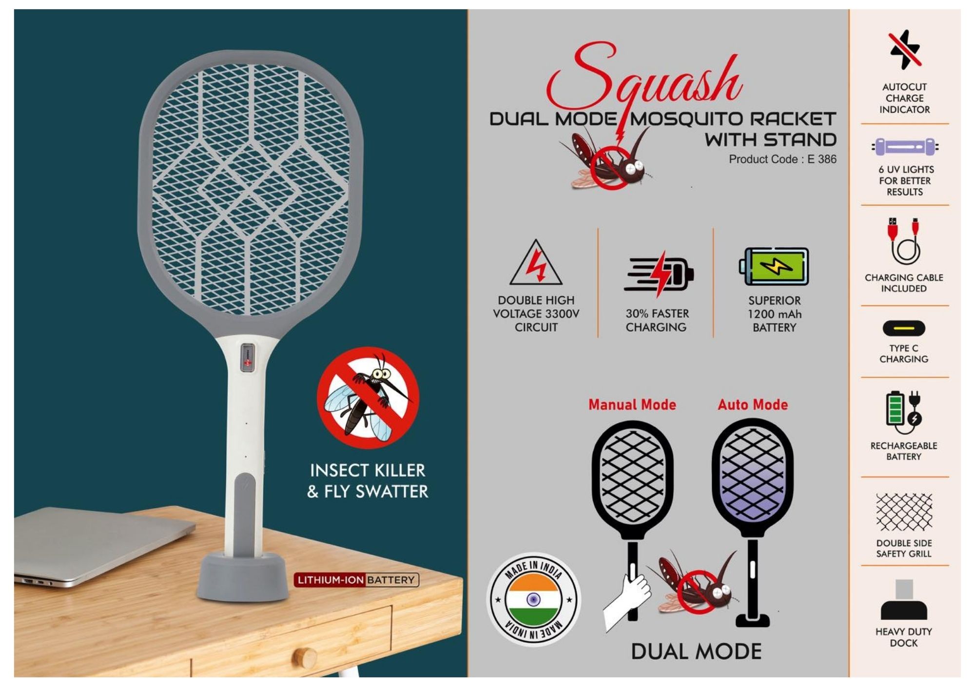Squash Dual Mode Mosquito Racket with Stand