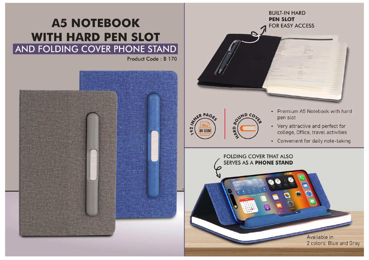 A5 Notebook with Hard Pen Slot and Folding Cover Phone Stand