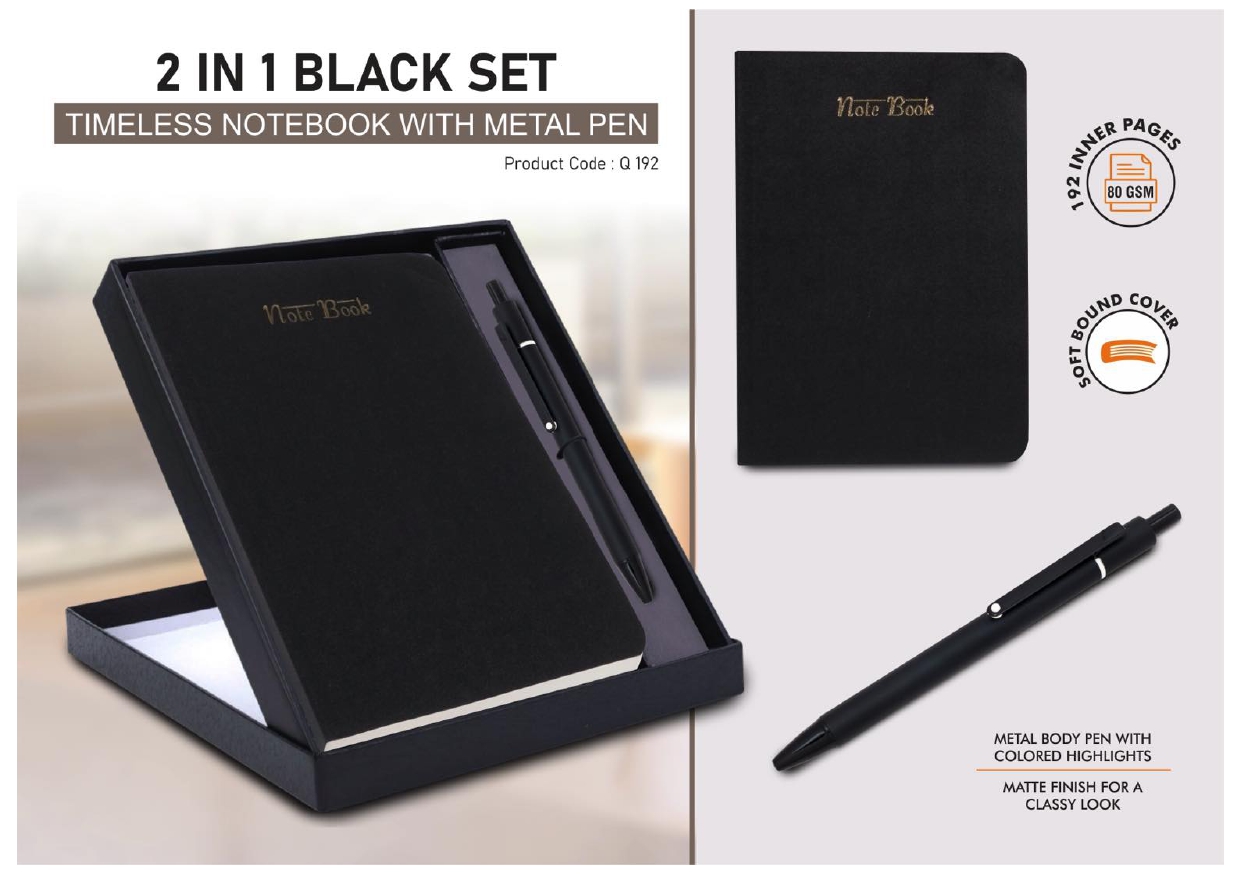 2 in 1 Black Set: Timeless Notebook with Metal Pen MIN 100 PCS