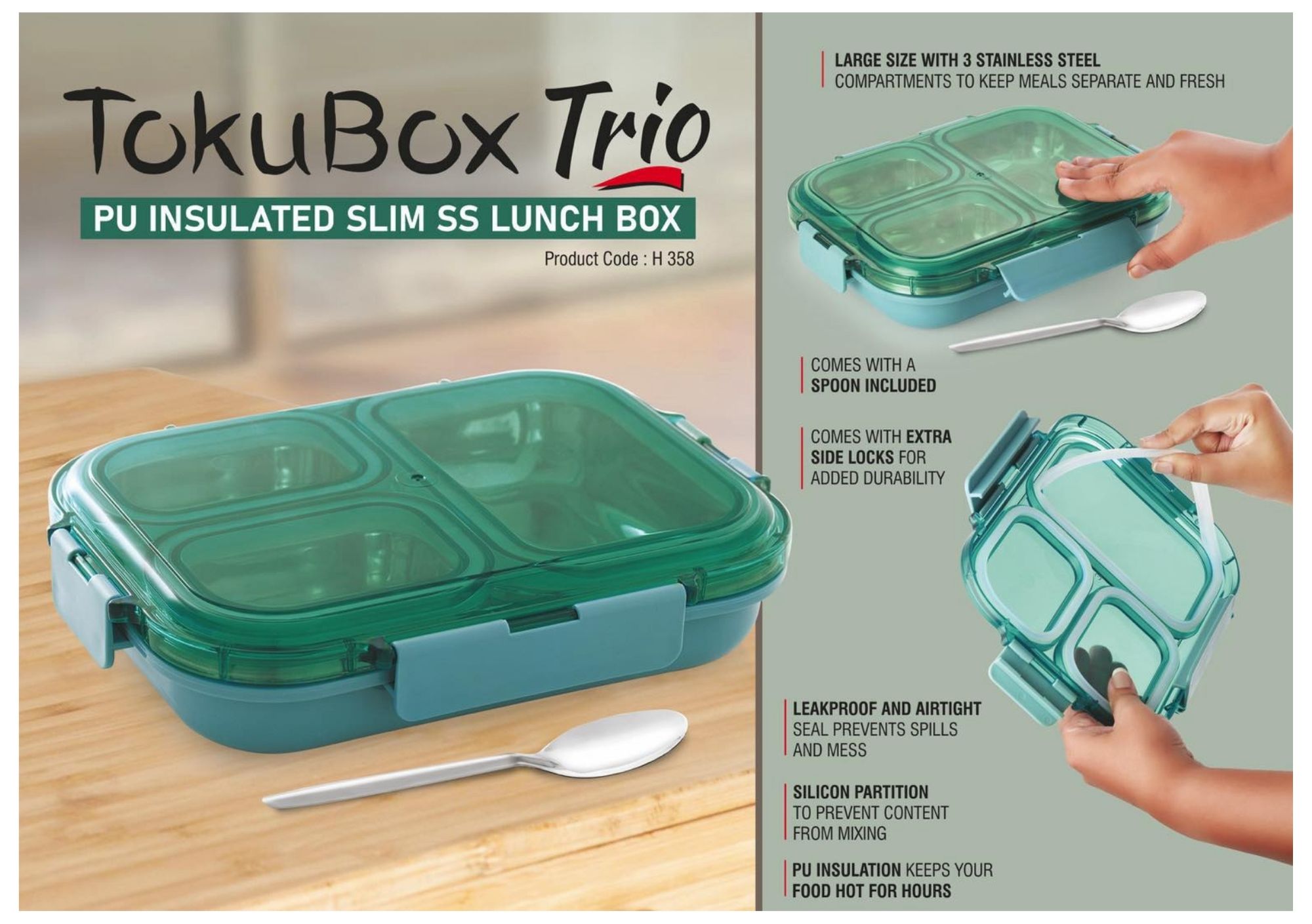 TokuBox Trio PU Insulated Slim Stainless Steel Lunch Box