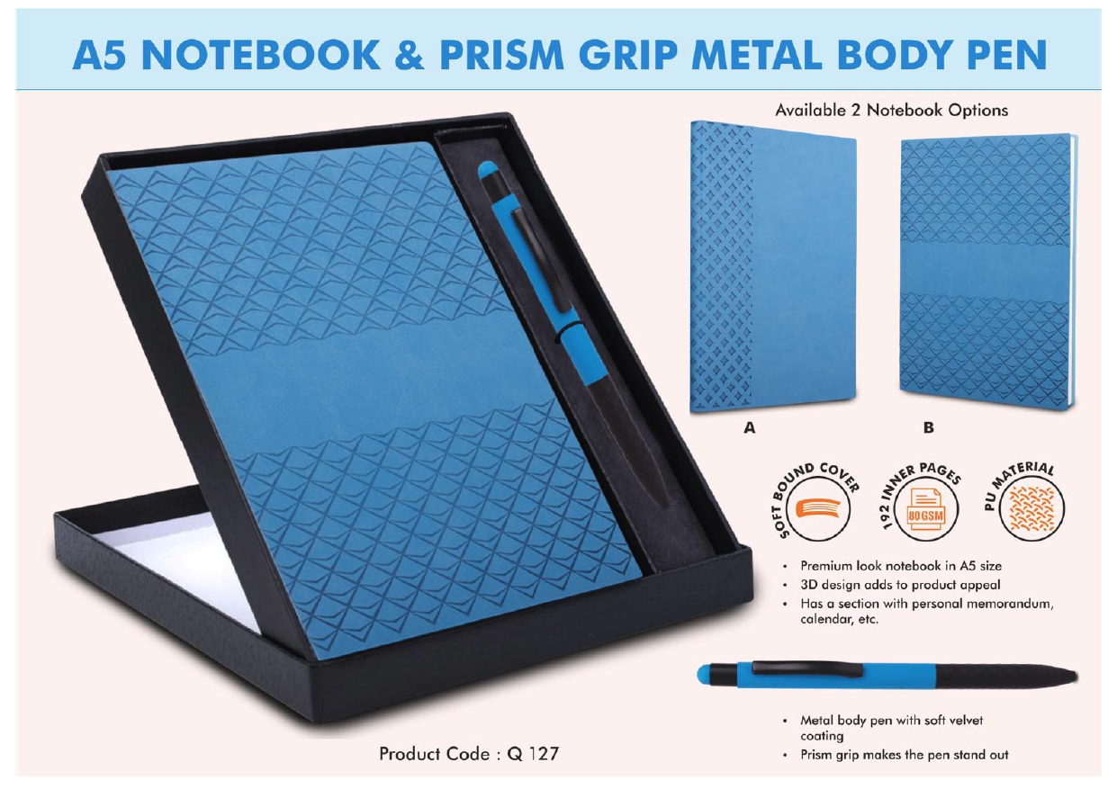 A5 Notebook & Prism Grip Metal Body Pen MIN 100 PCS 
