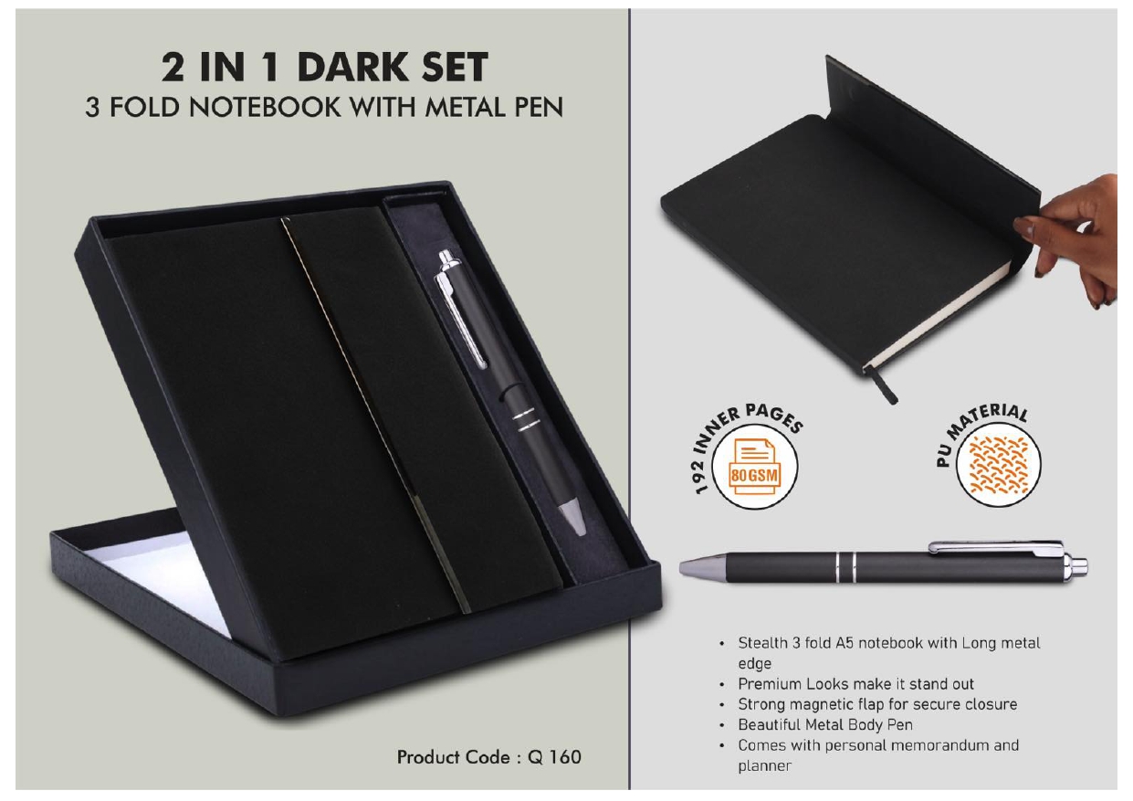 2 in 1 Dark Set – Notebook with Metal Pen MIN 100 PCS 