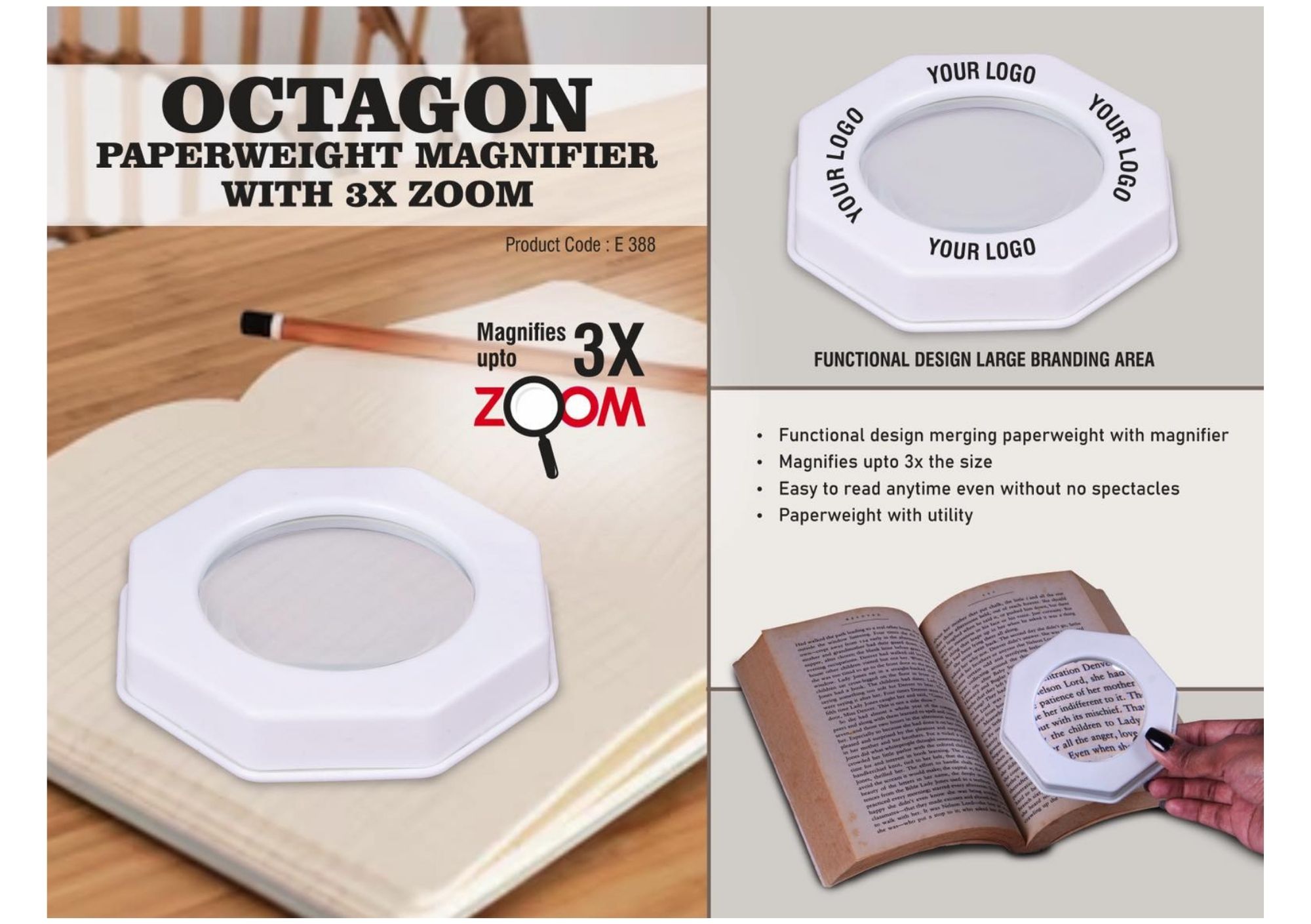Octagon Paperweight Magnifier with 3x Zoom