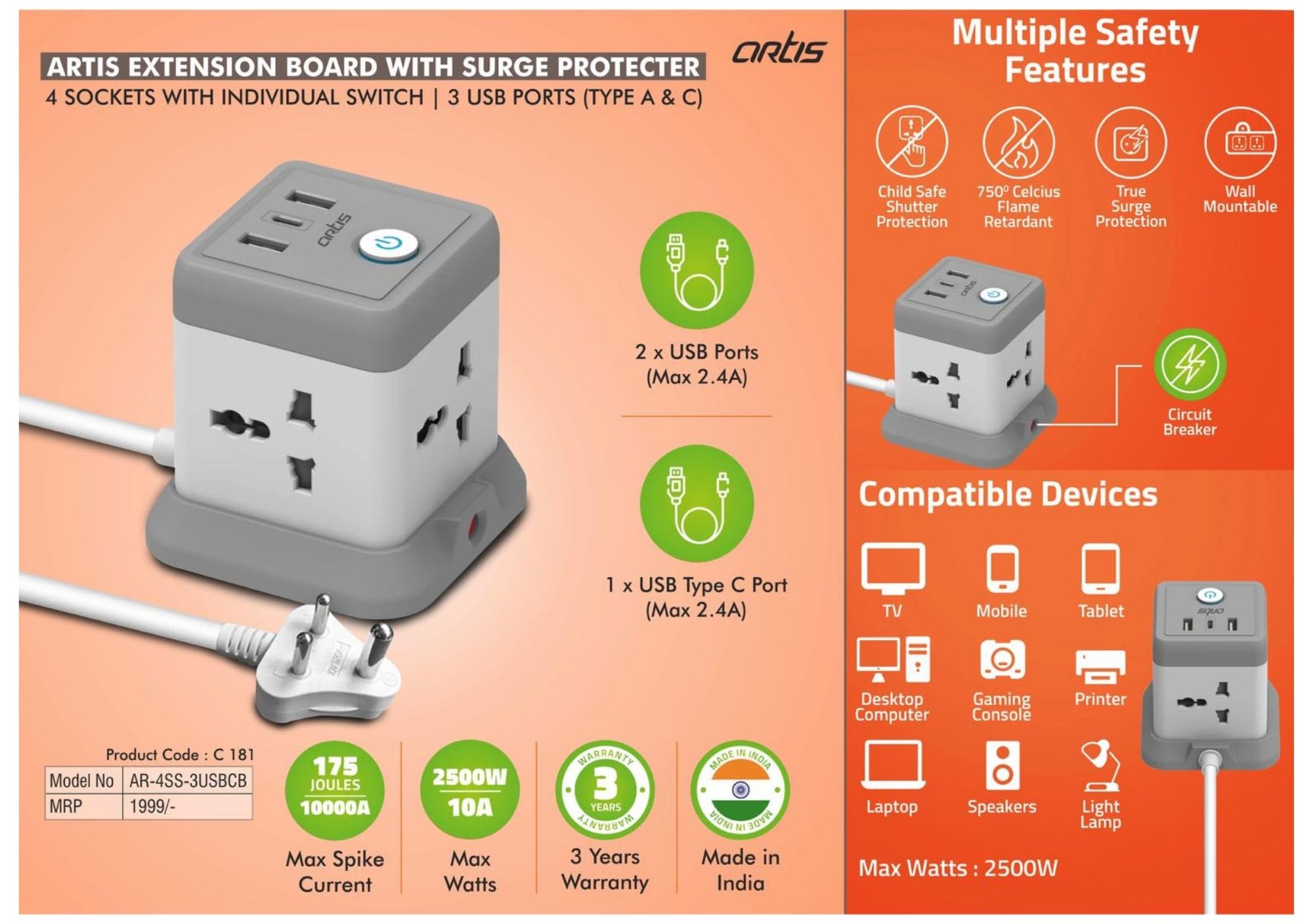 Artis Extension Board with Surge Protector