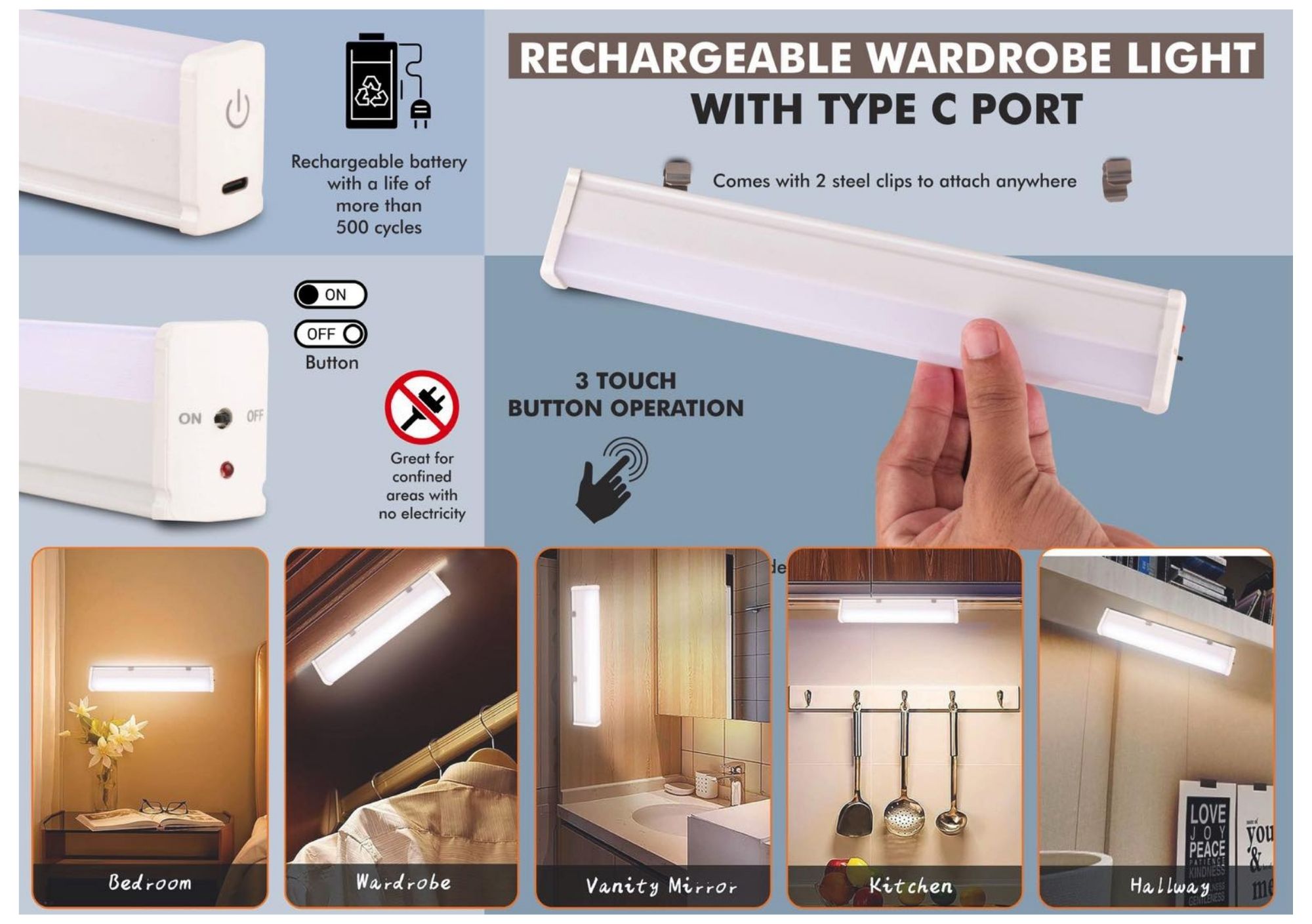 Rechargeable Wardrobe Light with Type C Port
