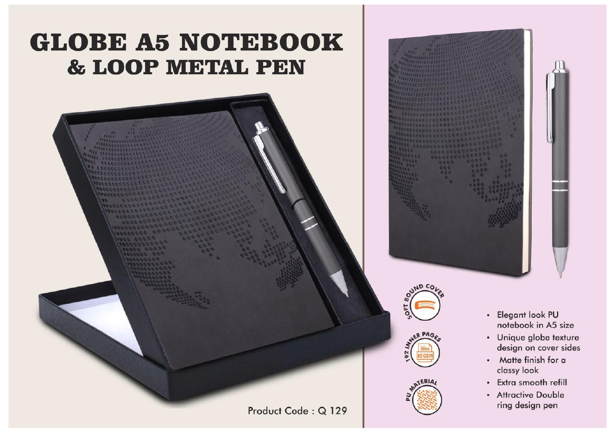 Globe A5 Notebook & Loop Metal Pen MIN 100 PCS 