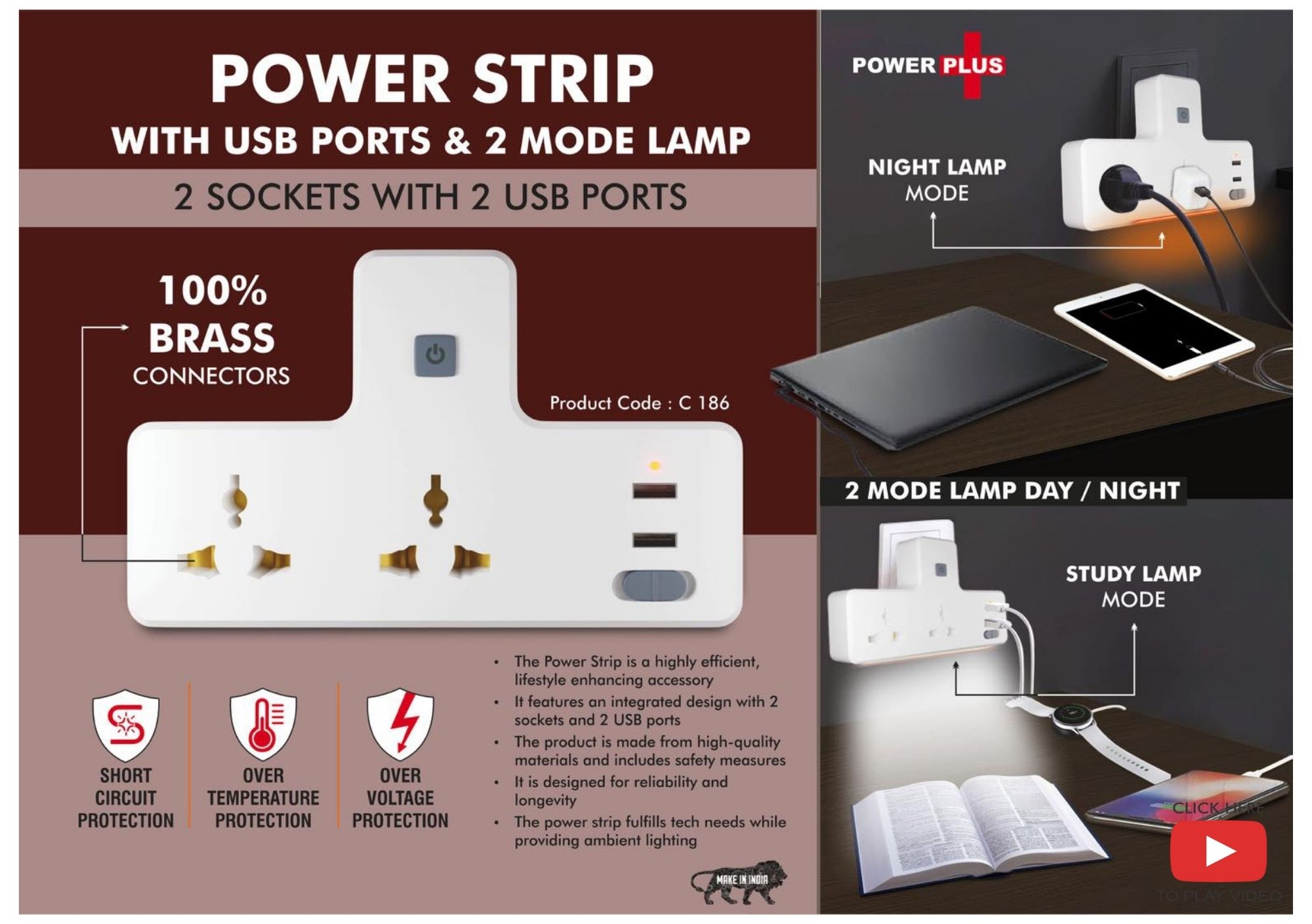 Power Strip with USB Ports & 2 Mode Lamp