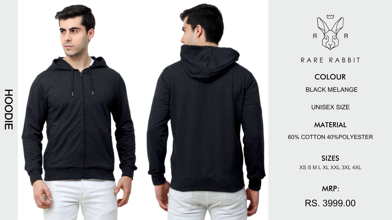 Rare Rabbit Black Melange Hoodie