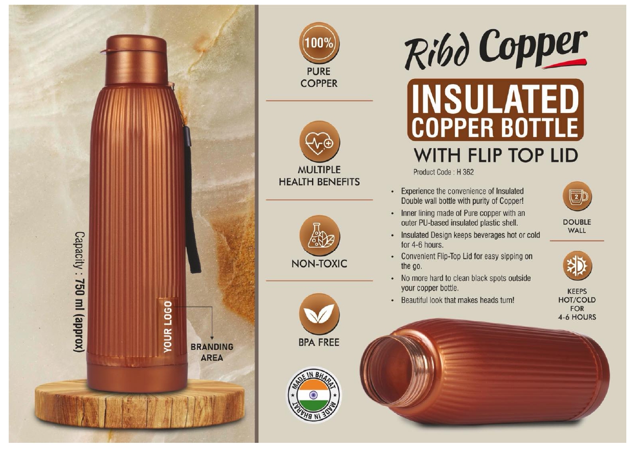 Rib Copper Insulated Copper Bottle with Flip Top Lid