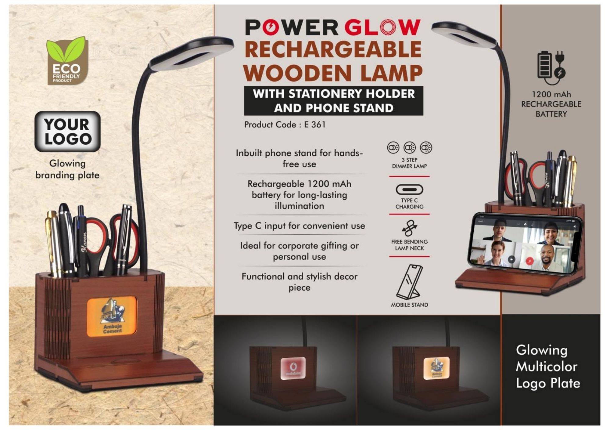 Power Glow Rechargeable Wooden Lamp
