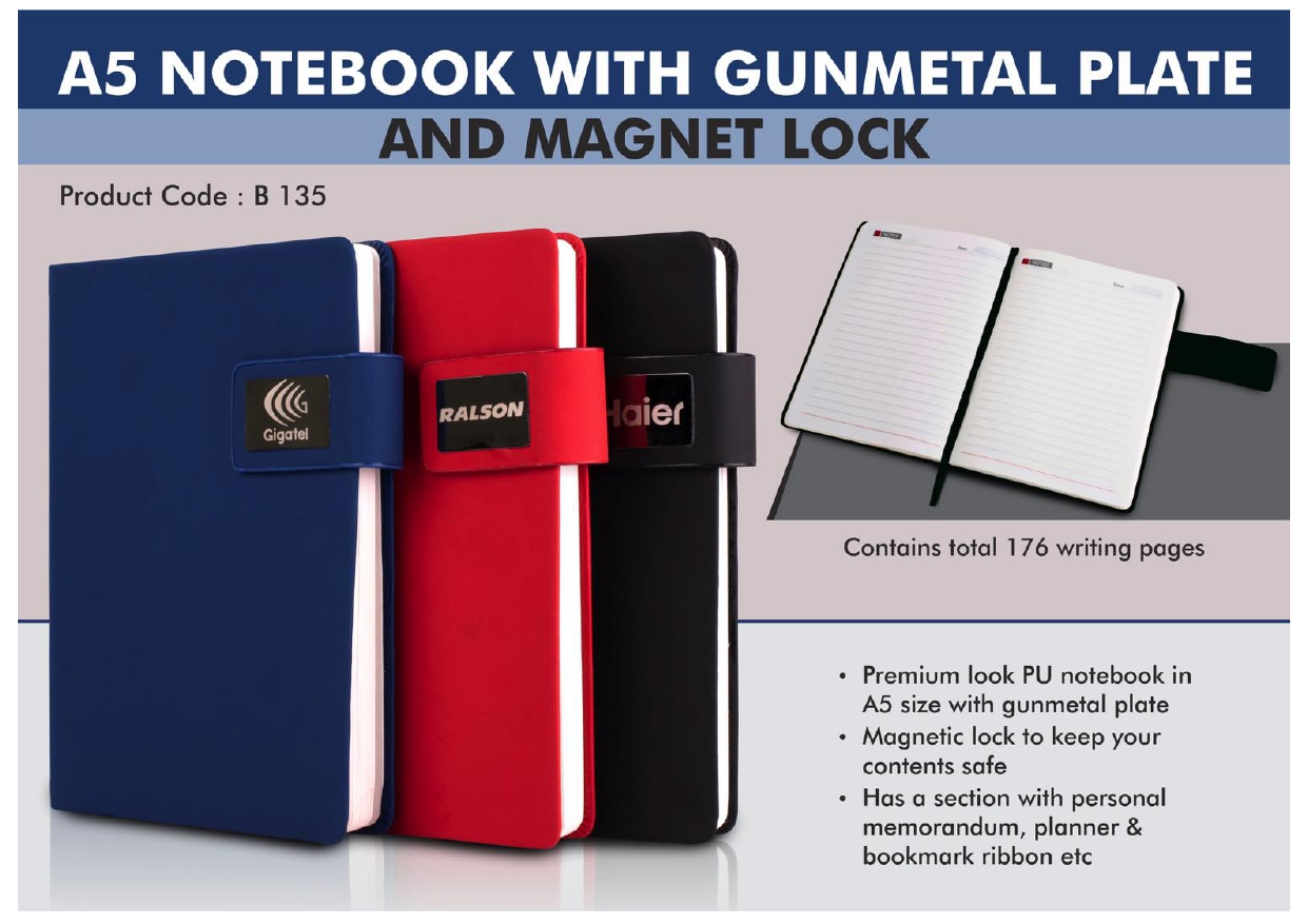 A5 Notebook with Gunmetal Plate and Magnet Lock
