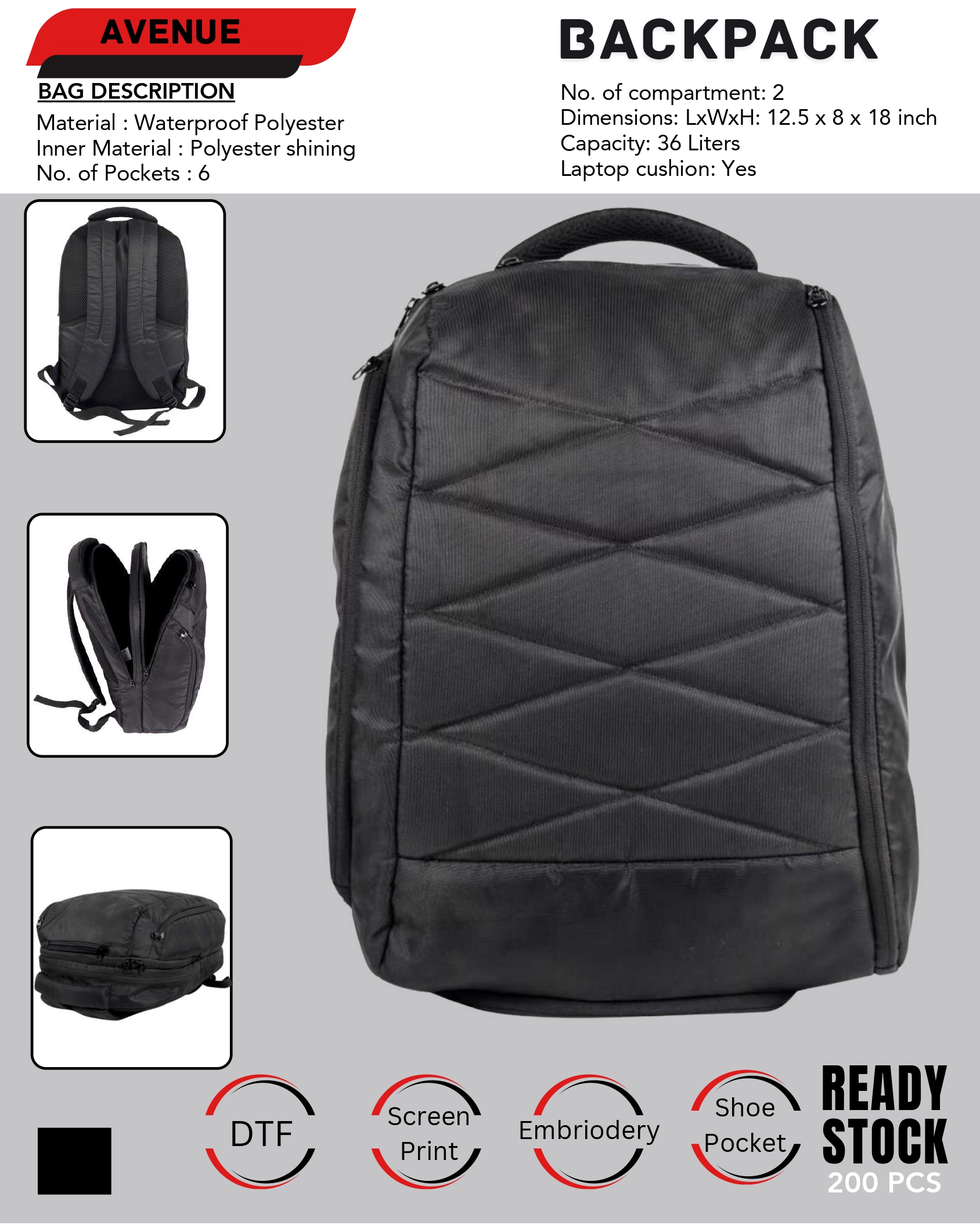 Avenue Waterproof Backpack Min 100 pcs 