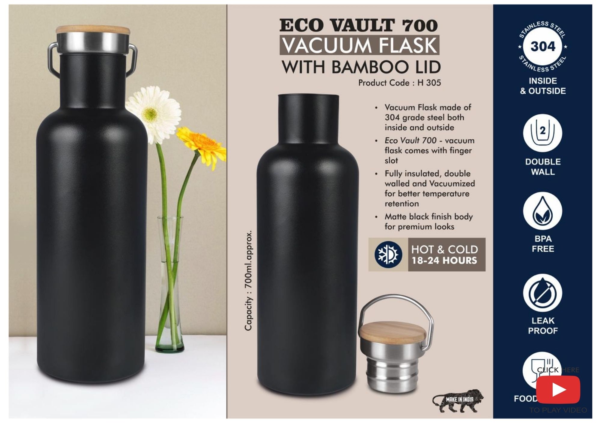 Eco Vault 700 Vacuum Flask with Bamboo Lid